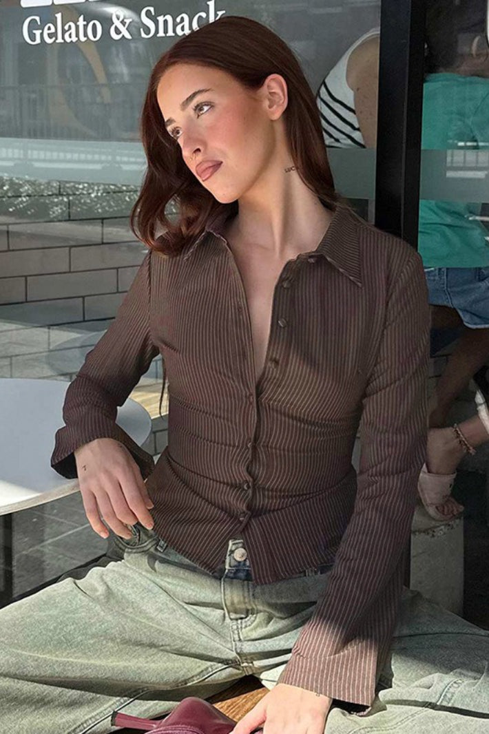 Covered Button Polo Stripe Blouse Secondary image