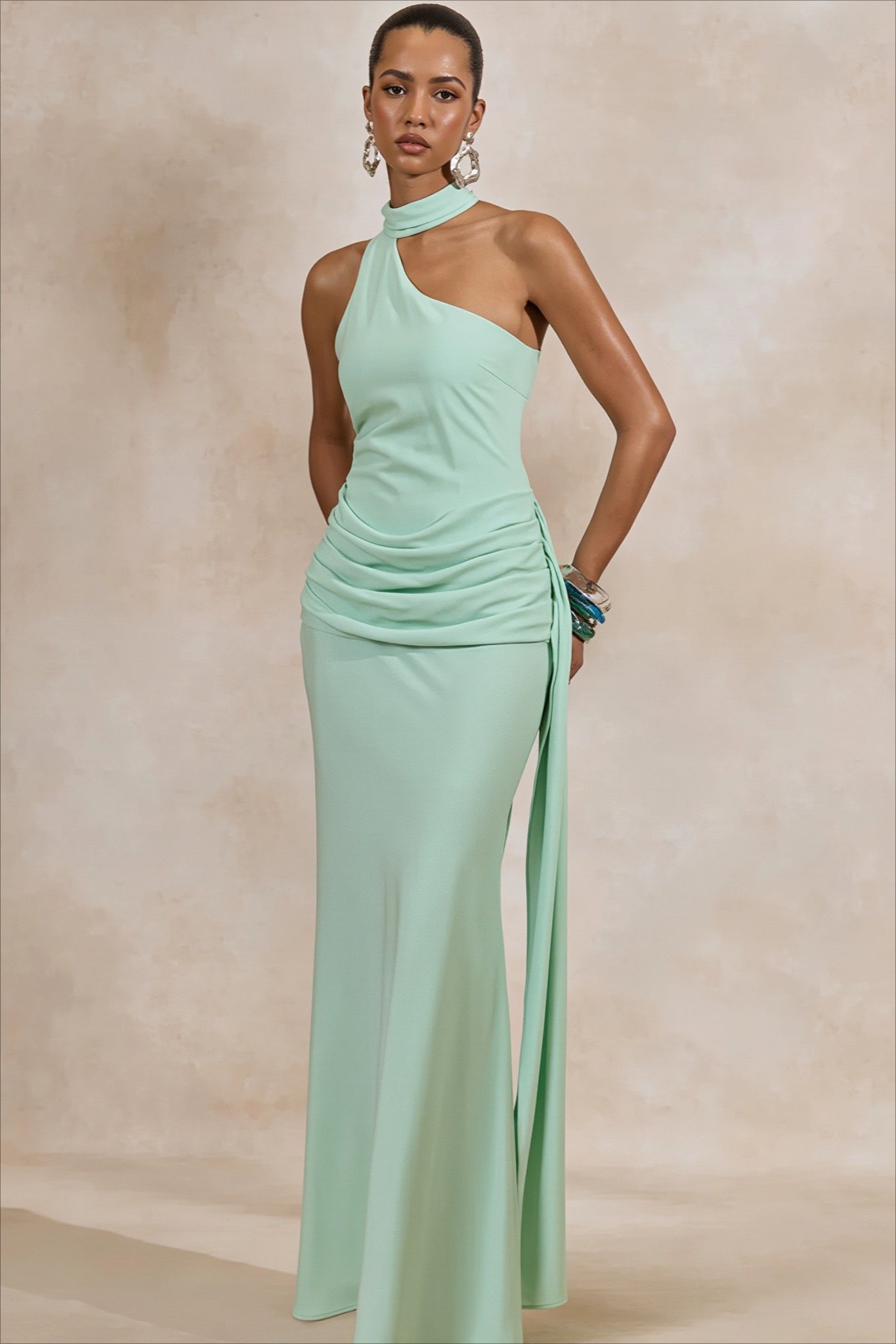 Scarf Halter Draped Ruched Maxi Dress