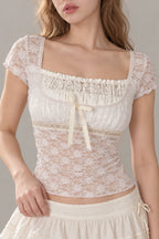 Square Neck Lace Spliced Tie Slim Blouse