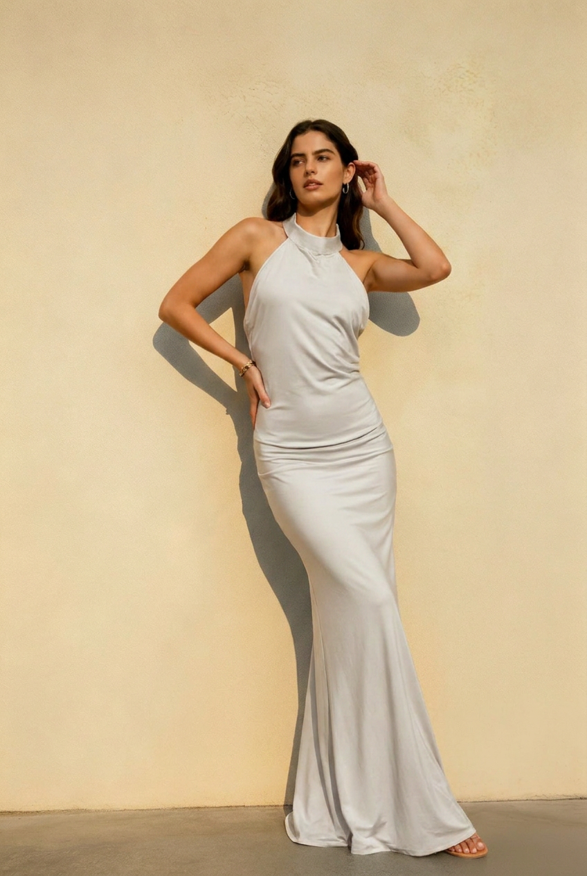 Solid Sleeveless Halter  Backless Satin Formal Dress Main image