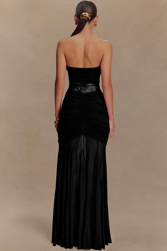 Strapless Ruched Cutout Bodycon Lace Dress