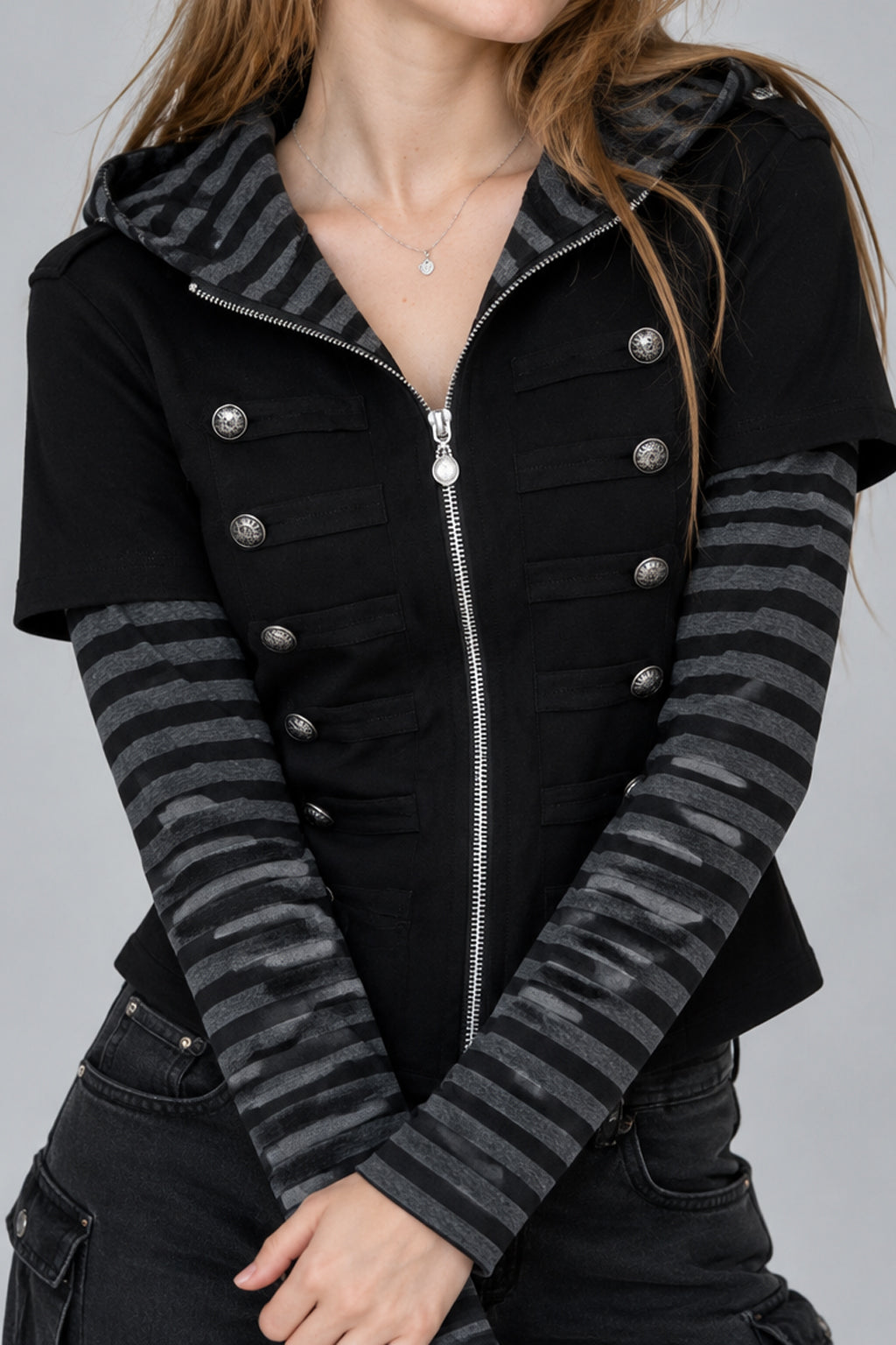 Button Front Layered Stripe Hoodies