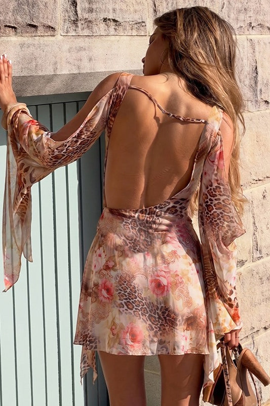 Cowl Neck Backless Leopard Mesh Mini Dress
