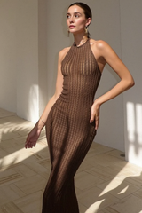 Knit Halter Backless Solid Maxi Party Dress