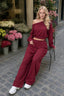 Casual Ribbed Off Shoulder Crop Sweatshirt Pants Set