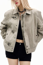 Washed Toggle Front High Collar Utility Jacket