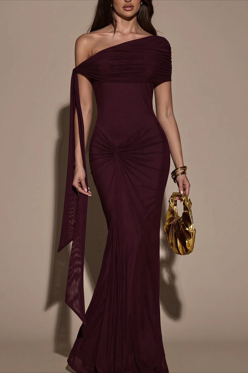 One-Shoulder Asymmetric Ruched Maxi Dress