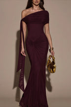 One-Shoulder Asymmetric Ruched Maxi Dress