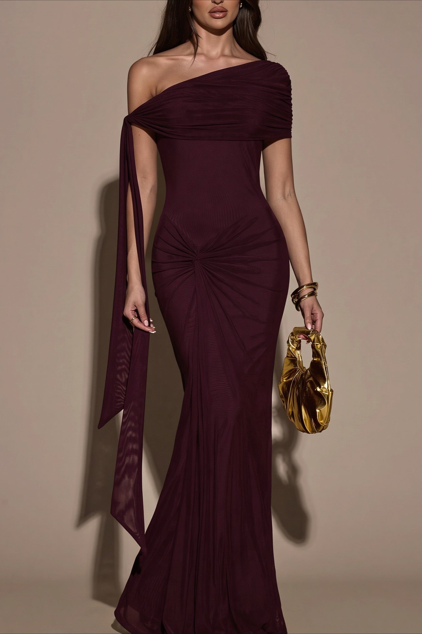 One-Shoulder Asymmetric Ruched Maxi Dress