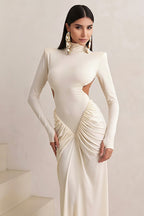 Slim Solid Long Sleeve High Neck Ruched Backless Formal Dress