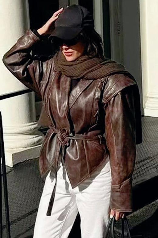 Shawl Collar Belted Leather Jacket Secondary image