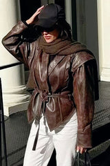 Shawl Collar Belted Leather Jacket