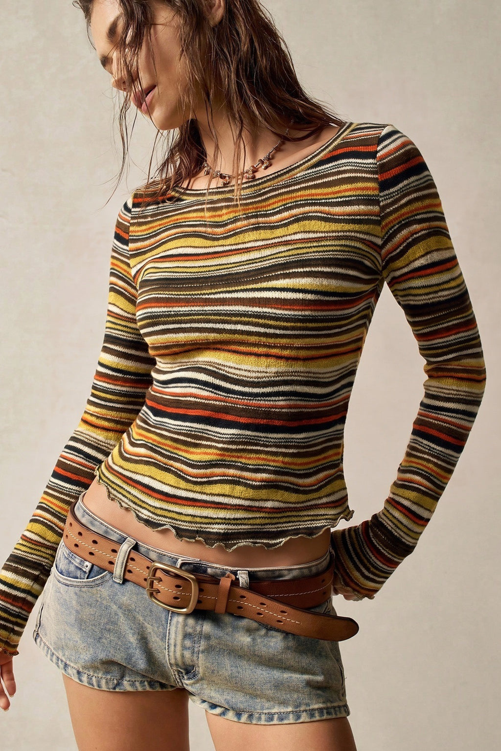 Retro Stripe Knit Cropped Long Sleeve T-Shirt