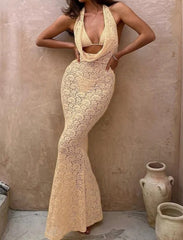 Tie Neck V Neck Backless Lace Dress