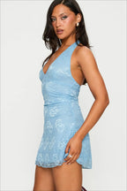 Lace Halter Open Back Fitted Mini Party Dress