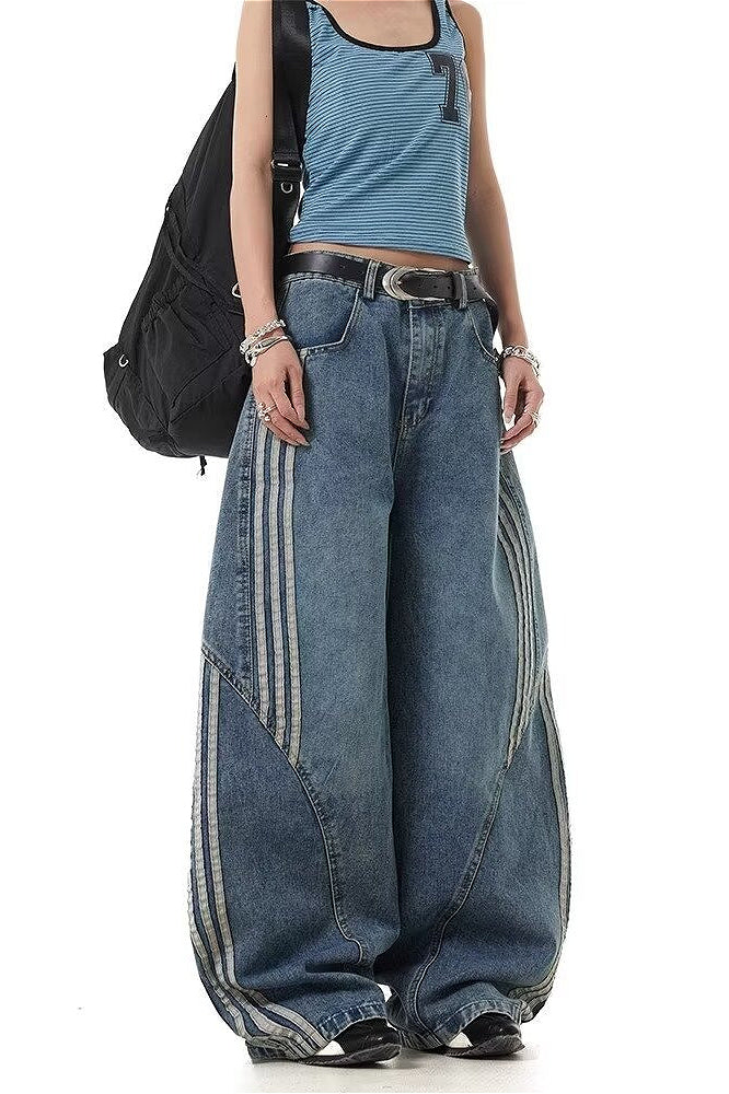 Deconstructed Stripe Panel Wide Leg Jeans