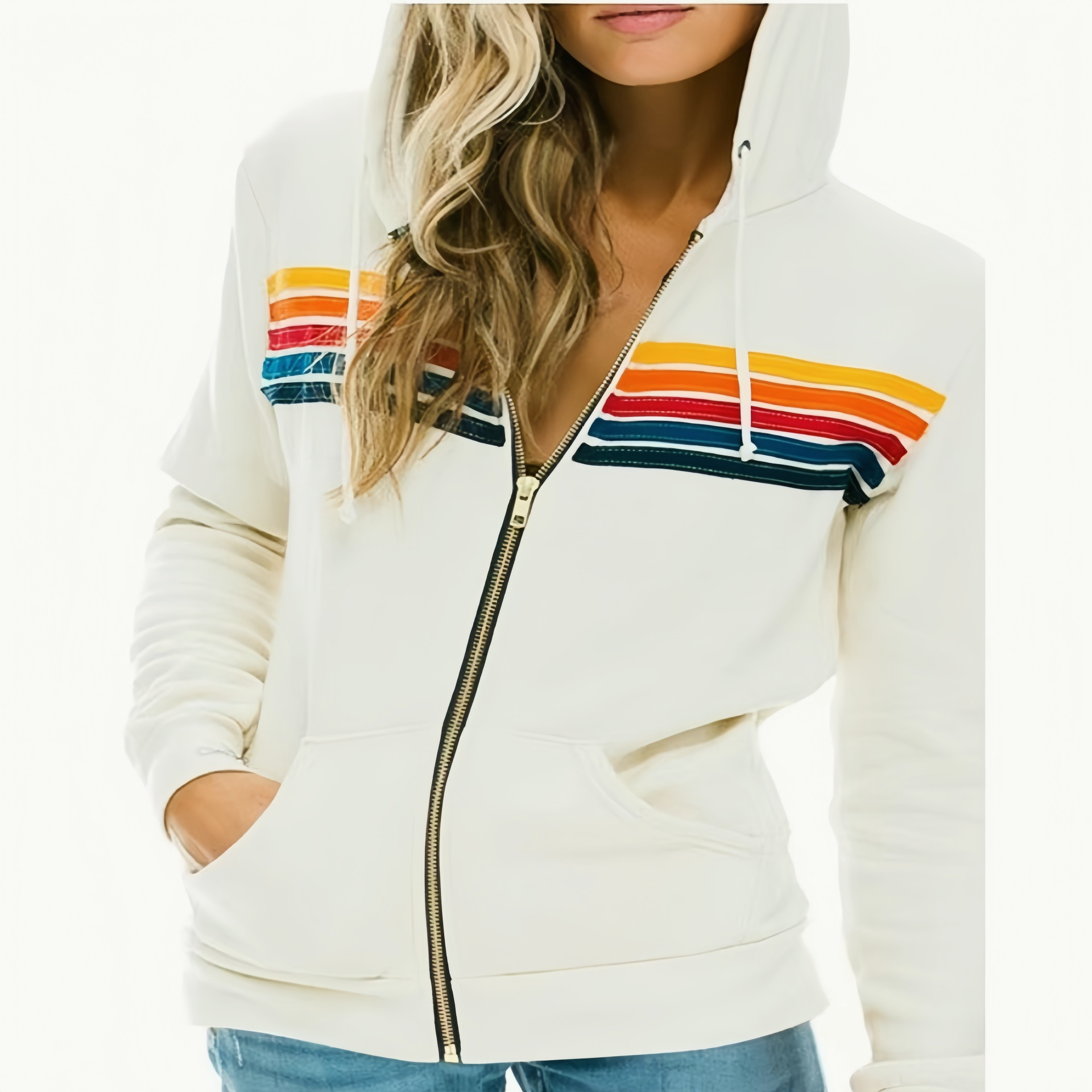 Fleece Lined Colorful Striped Zip Loose Unisex Hoodie Secondary image