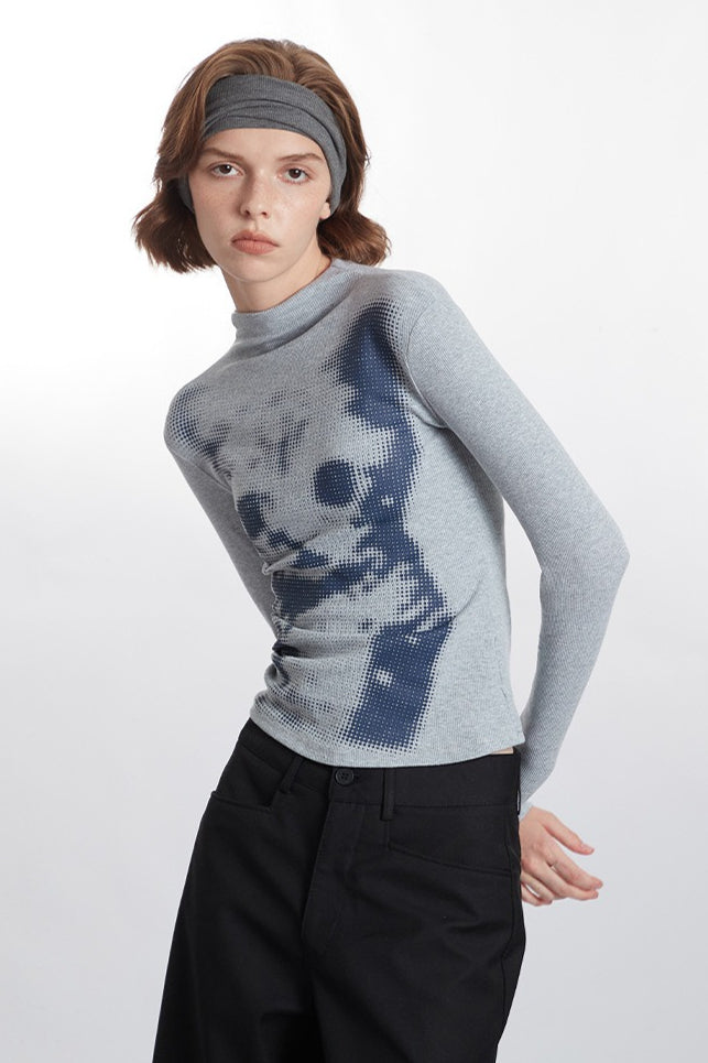 Cat Graphic High Neck Long Sleeve T-Shirt