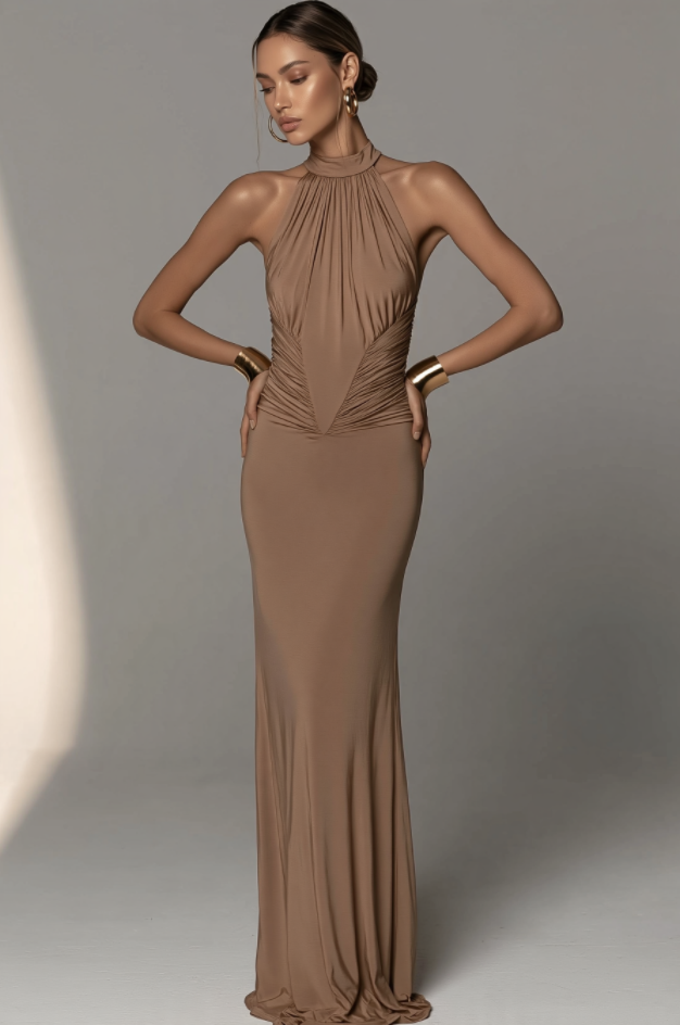 Pleated Halter Slit Slim Party Dress
