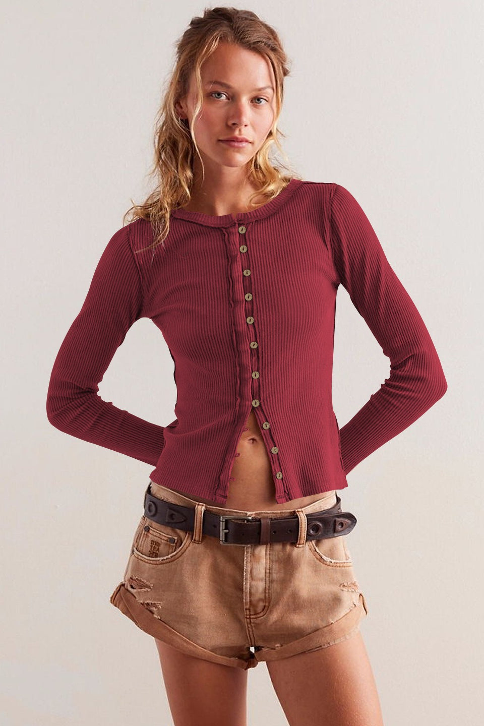 Round Neck Long Sleeve Ribbed Cardigan Main image