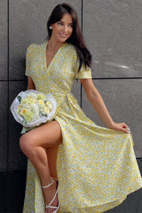 V-Neck Short Sleeve Floral Wrap Dress