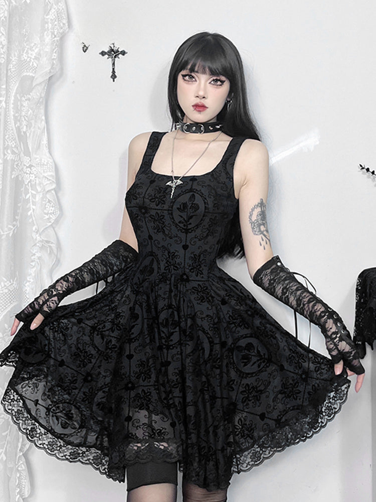 Gothic Vintage Lace Patchwork Sleeveless Draped Spaghetti Strap Bodycon Cami Dress Main image