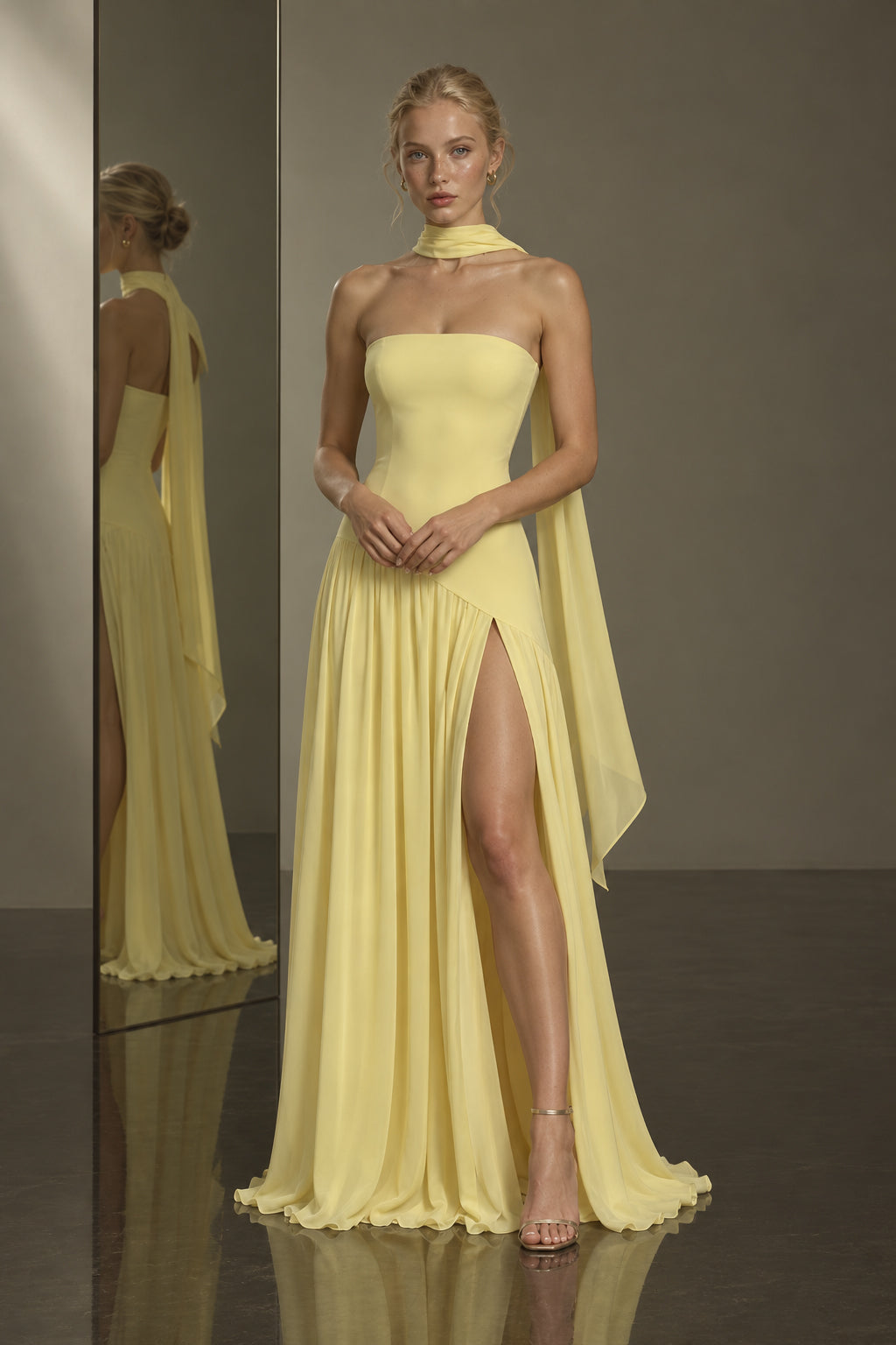 Strapless Scarf Detail Slit Maxi Dress