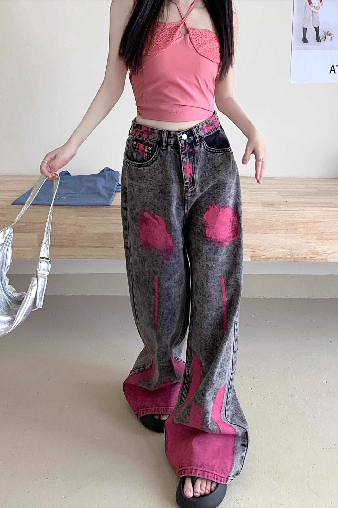 Graffiti Print High Street Straight Wide Leg Flowy Jeans Secondary image