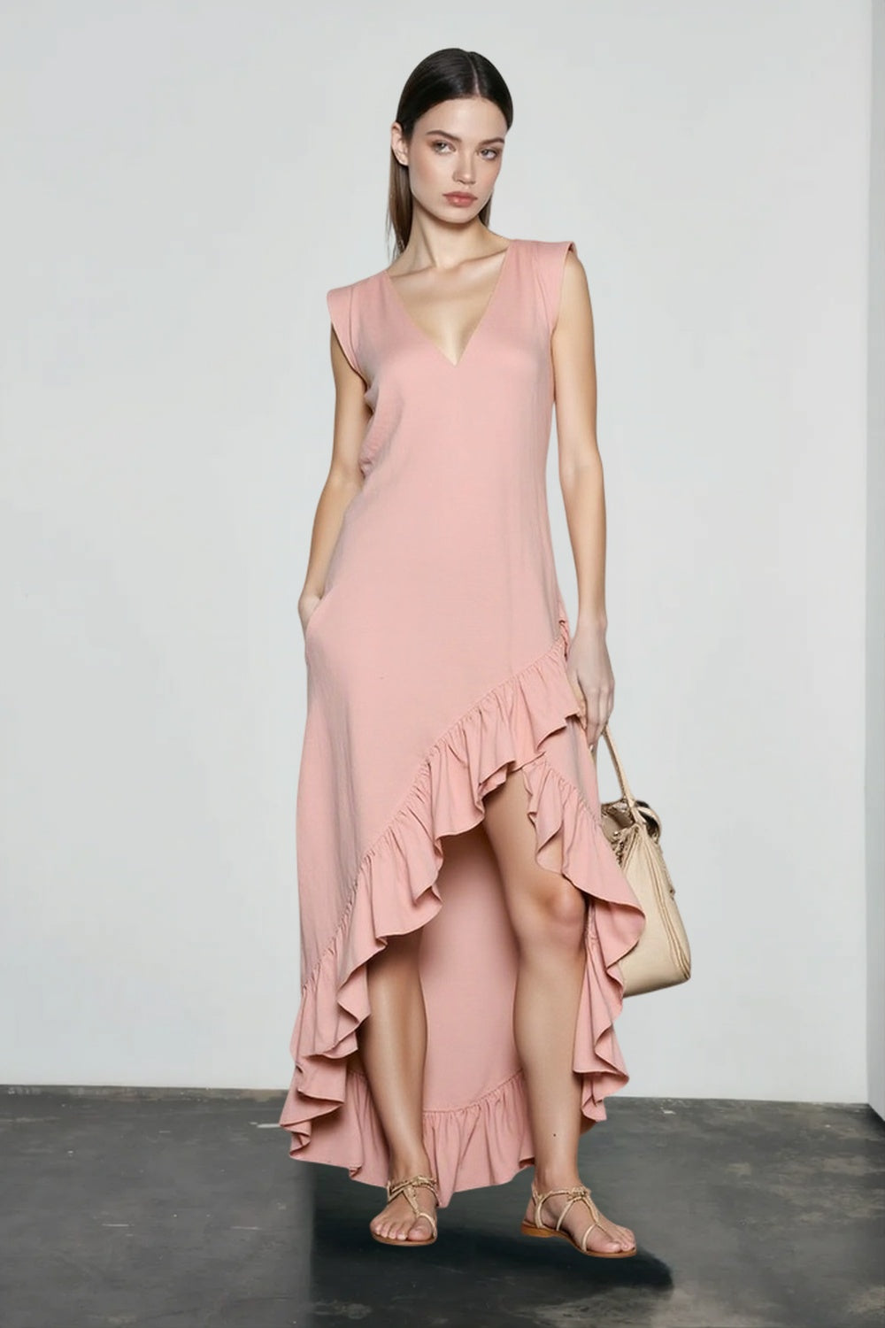 Romantic V Neck Ruffle Linen Vacation Dress Main image