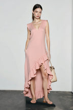 Romantic V Neck Ruffle Linen Vacation Dress