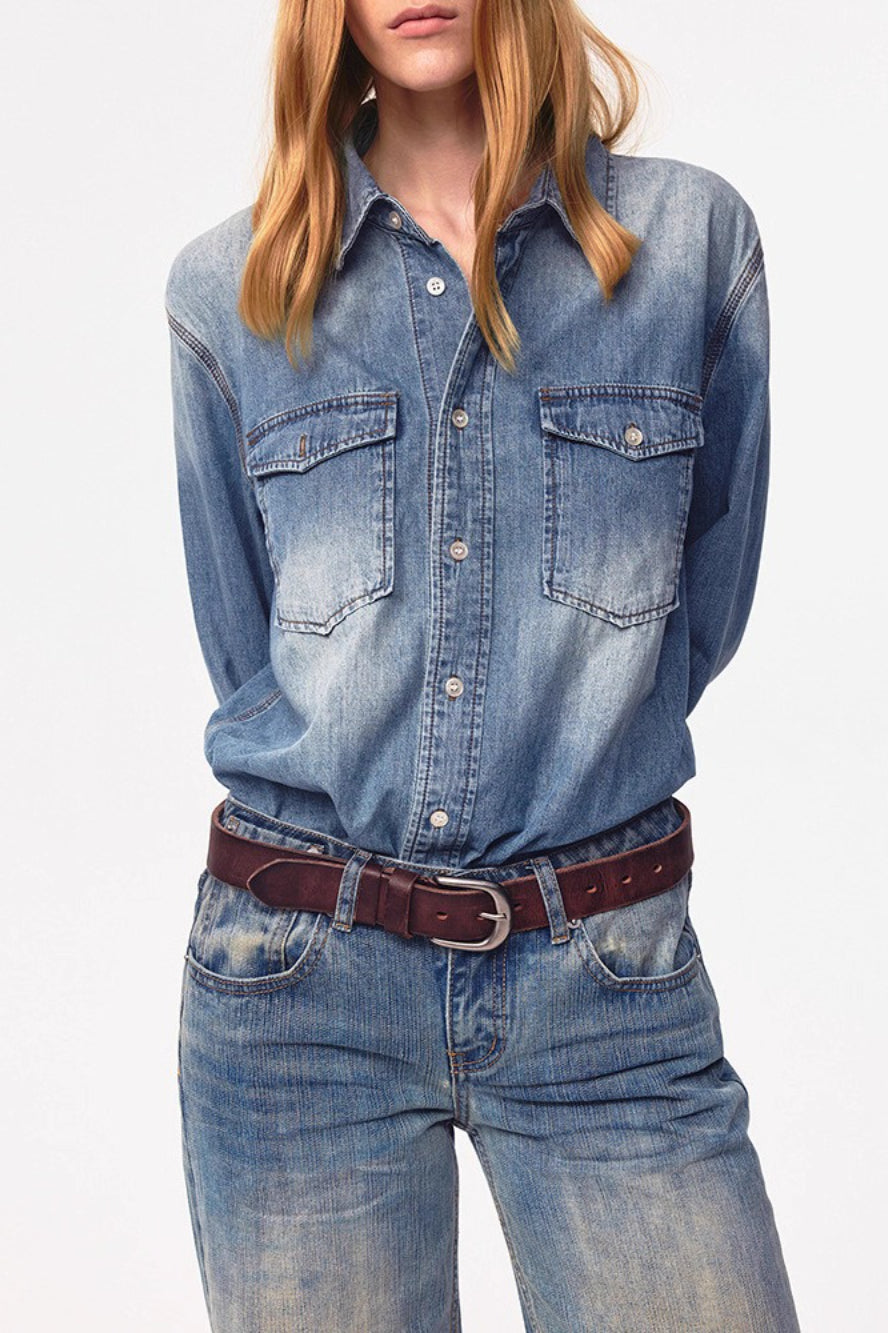 Retro Washed Denim Long Sleeve Top Main image