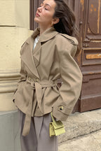 Khaki Double Breasted Belted Cropped Trench Coat
