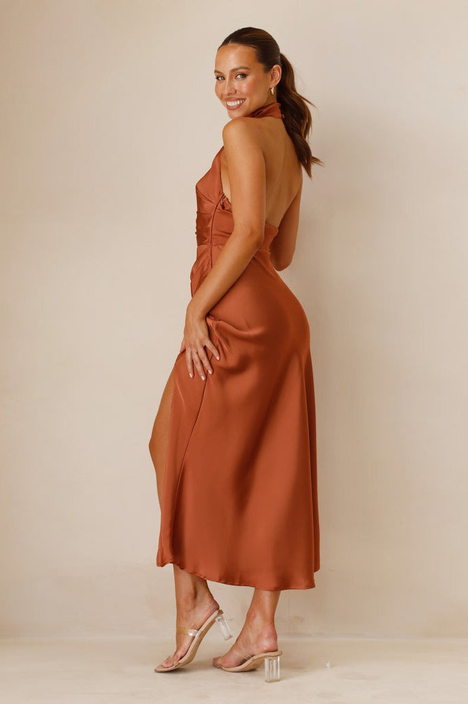 Halter Slim Solid Color Slit Sleeveless Maxi Cocktail Dress Secondary image