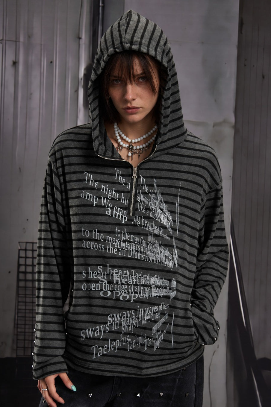 Striped Gothic Graphic Half Zip Hoodie Main image