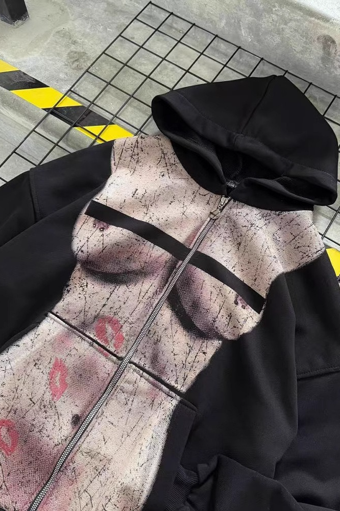 Harajuku Kiss Print Zip Long Sleeve Hoodie Main image