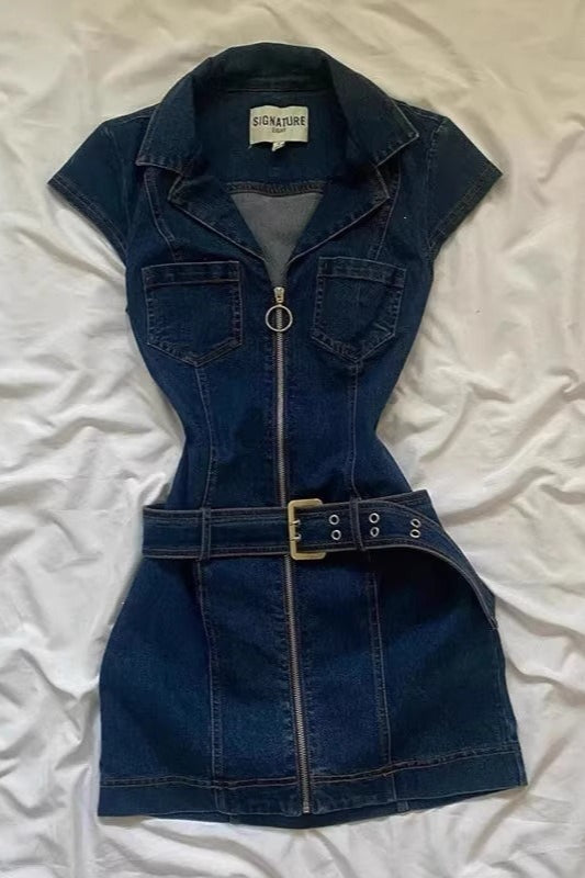 Belted Denim Zip Front Mini Dress