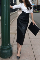 Chic Long Sleeve Shirt Black Leather Skirt Two Piece Set