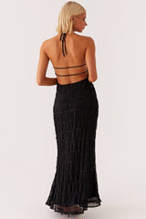 Backless Ruched Striped Tie Ruffled Maxi Boho Dress
