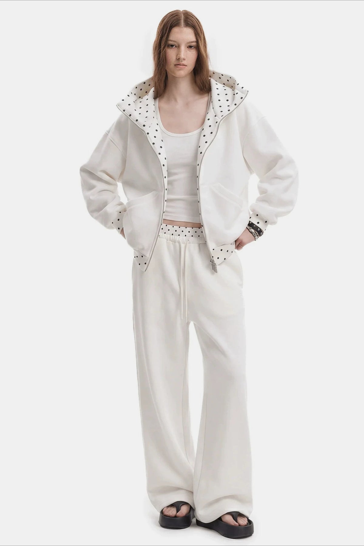 Polka Dot Trim Zip Front Wide Leg Hoodie Main image