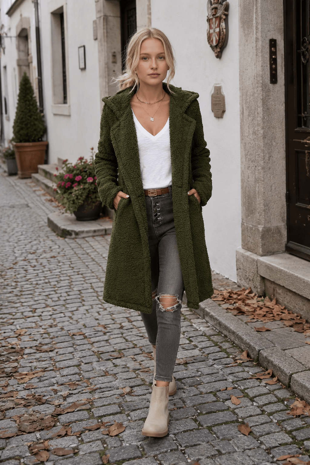 Mid-Length Fuzzy Lapel Coat Main image