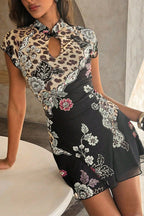 Floral Leopard Mandarin Collar Mini Dress
