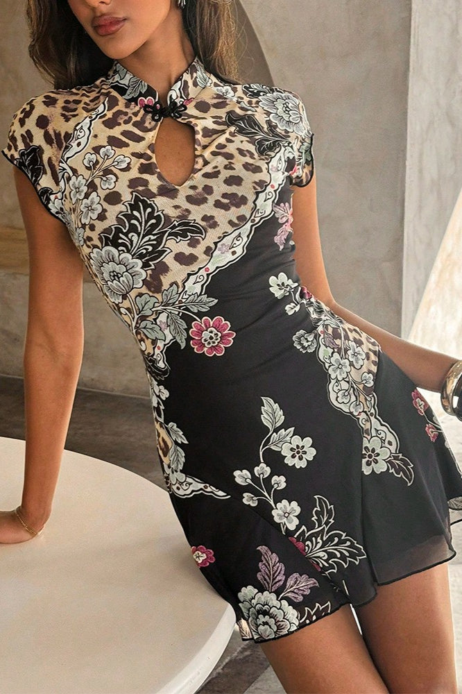 Floral Leopard Mandarin Collar Mini Dress
