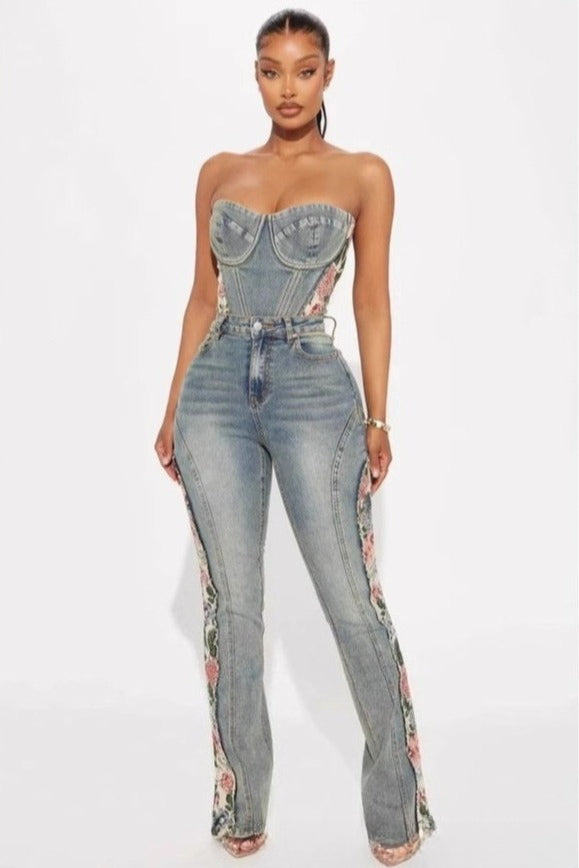 Floral Paneled High Stretch Flare Slim Stylish Jeans Main image