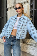 Polka Dot Balloon Sleeve Cropped Zip Jacket