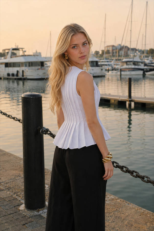 Cotton & Linen Pleated Back Tie Top