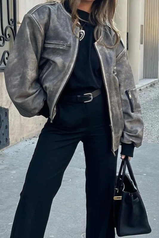 Faux Leather Zipper Bomber Jacket Main image