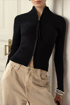 Ribbed Stand Collar Zip Front Fitted Sweater