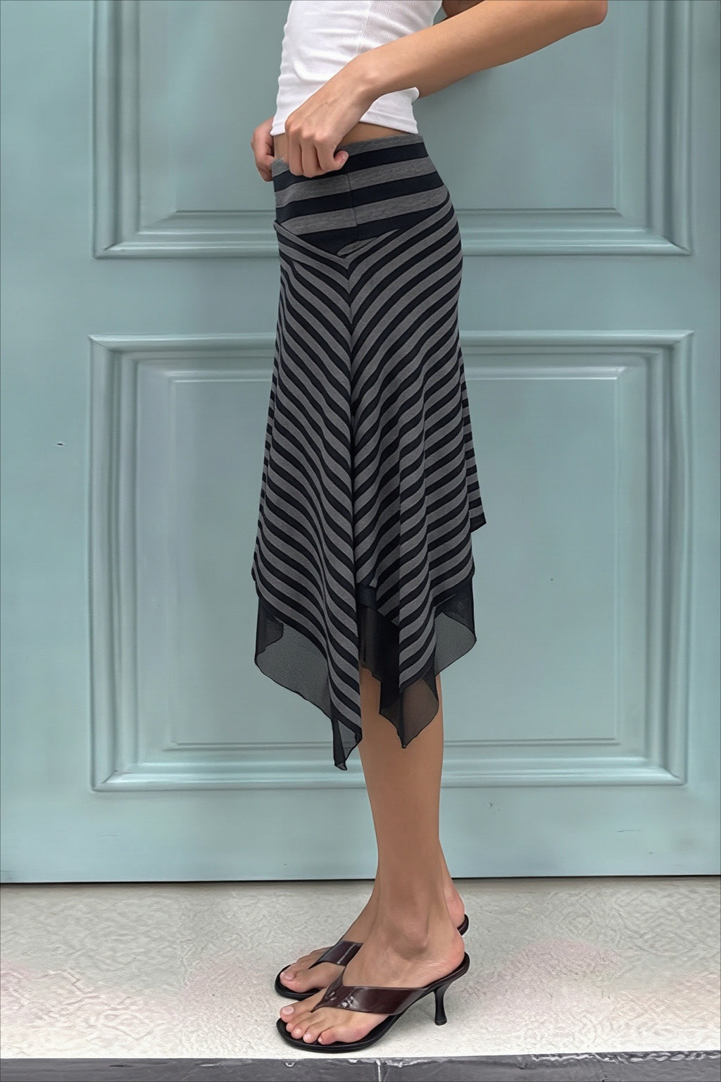 Striped Asymmetric Mesh Hem Midi Skirt