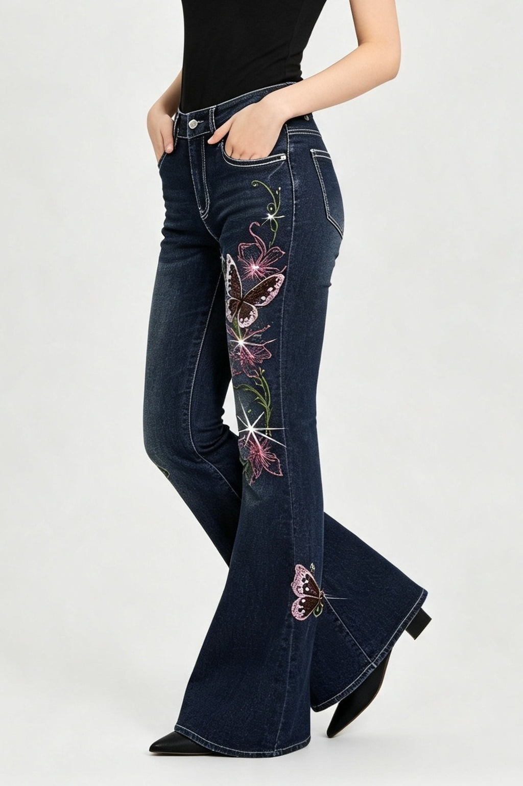 Butterfly Embroidered Stretch Slim Flare Jeans