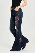 Butterfly Embroidered Stretch Slim Flare Jeans